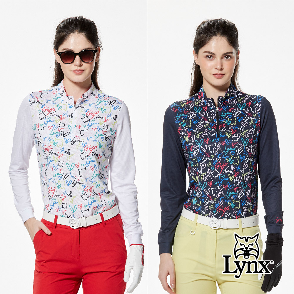 【Lynx Golf】吸排抗UV抗菌涼感繽紛愛心塗鴉立領POLO衫/高爾夫球衫