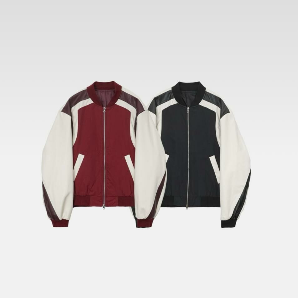 拼色企領拉鍊合成皮褸 OUR ROOM-043JK