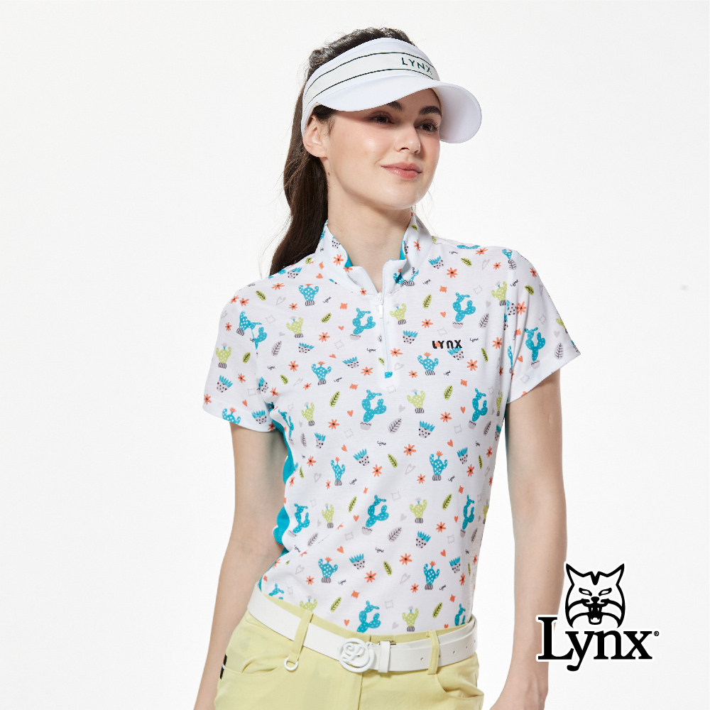 【Lynx Golf】吸排配色羅紋袖異材質剪裁立領POLO衫/高爾夫球衫