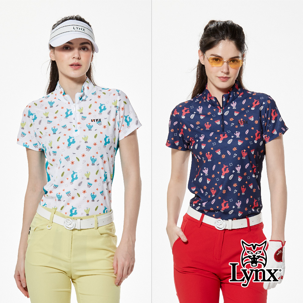 【Lynx Golf】吸排配色羅紋袖異材質剪裁立領POLO衫/高爾夫球衫