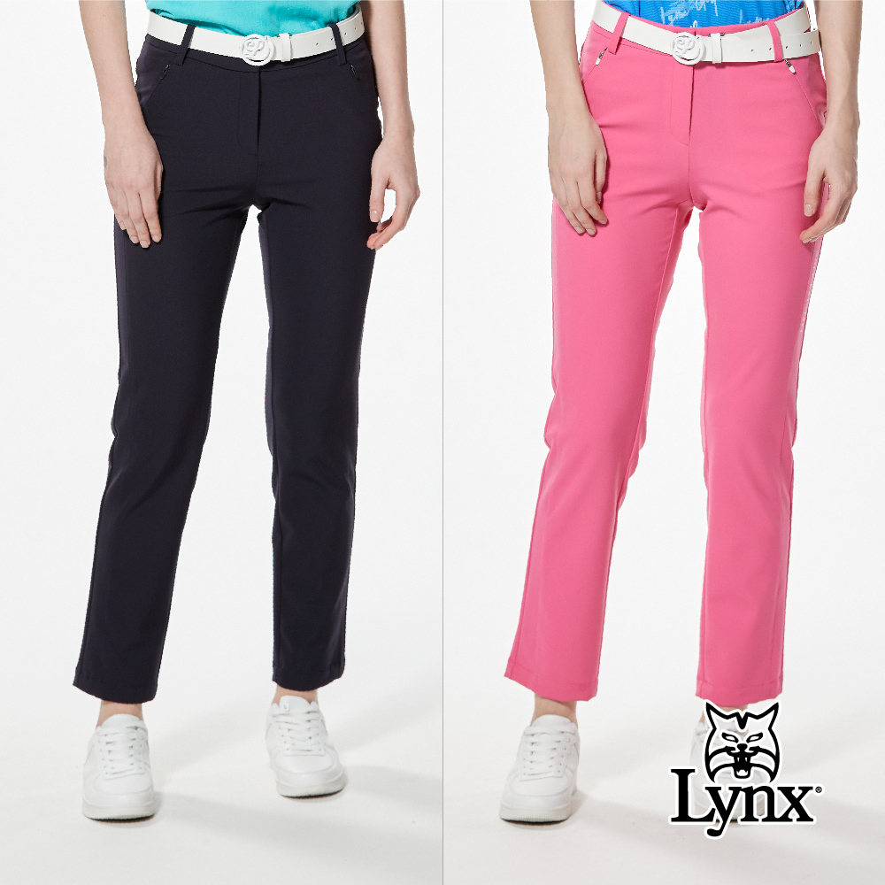 【Lynx Golf】四面彈性脇邊剪裁膠印隱形拉鍊口袋窄管九分褲