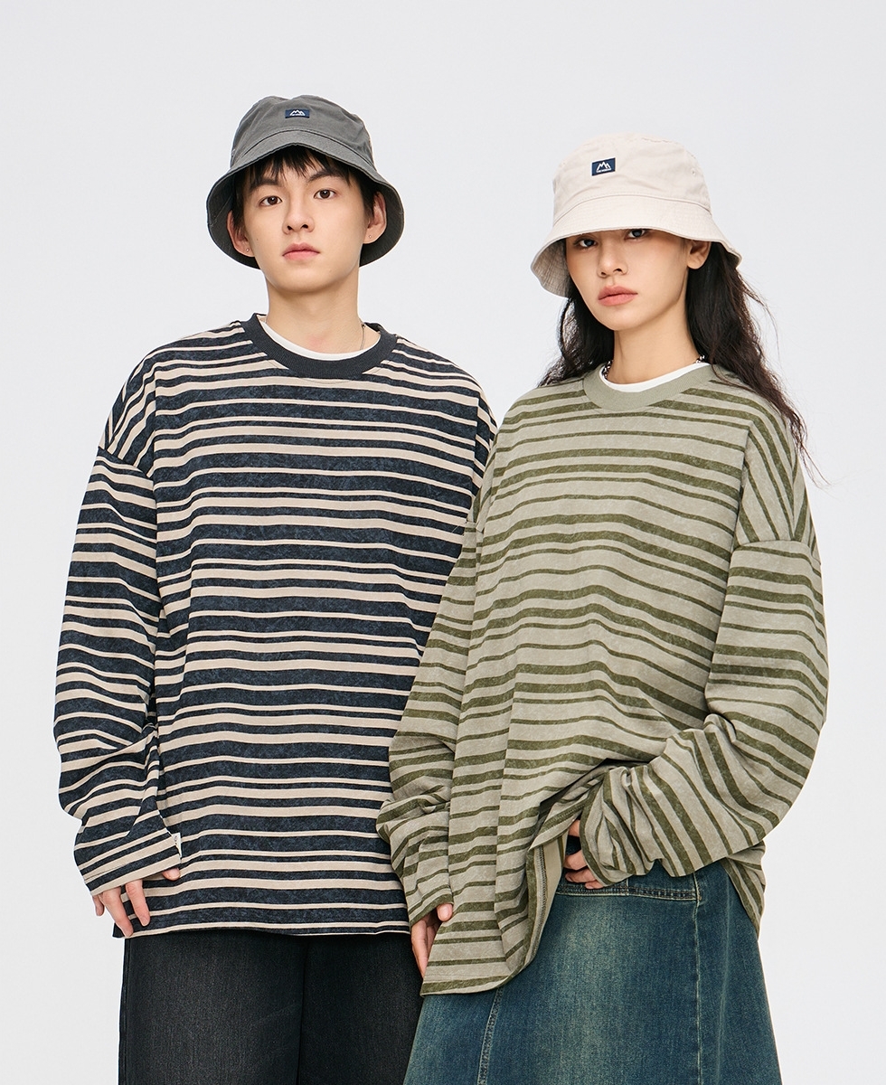 3M08 水洗做舊復古風條紋上衣 兩色