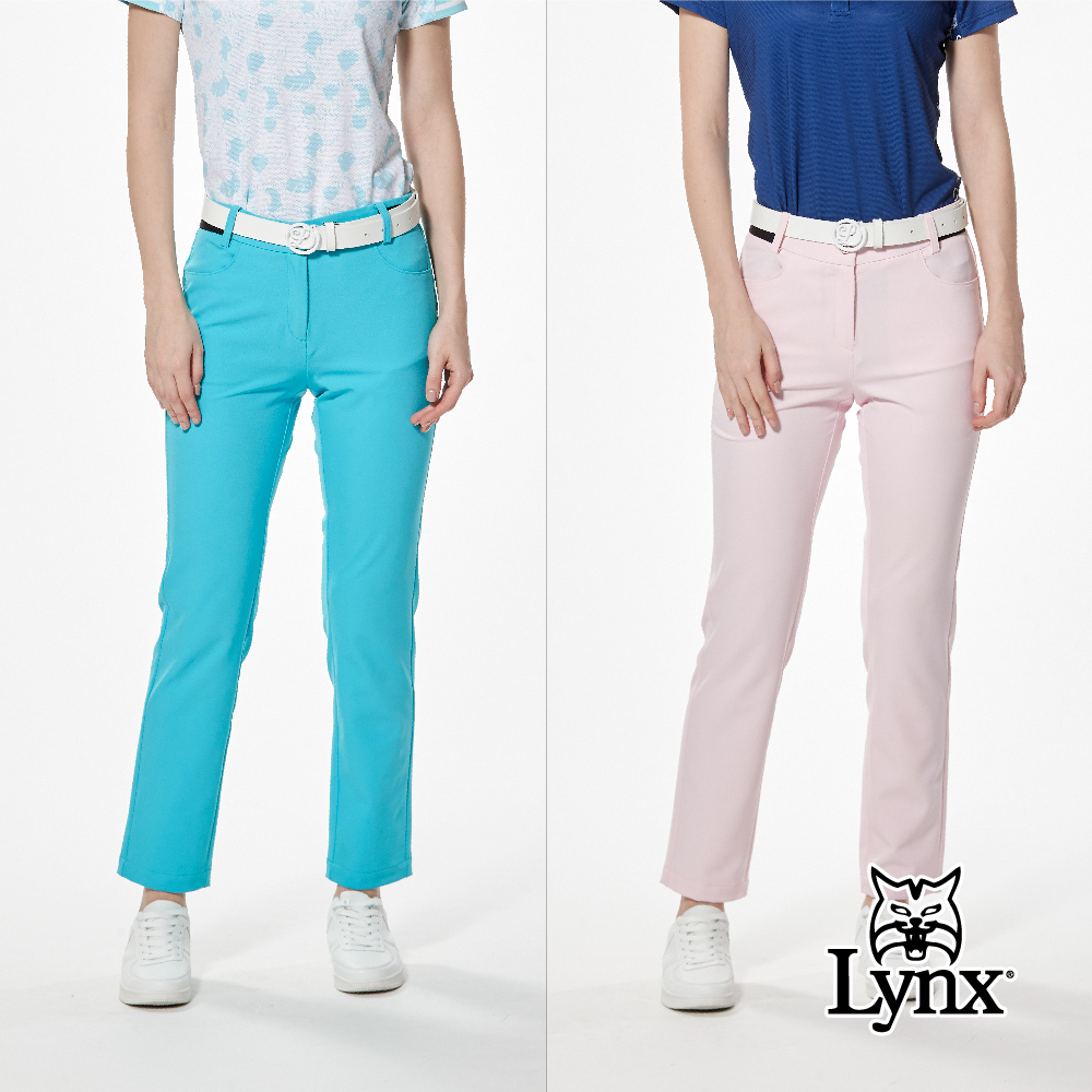 【Lynx Golf】環保紗四面彈側腰壓紋織帶後袋繡花窄管九分褲