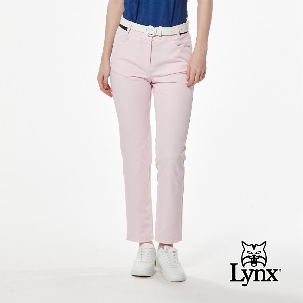 【Lynx Golf】環保紗四面彈側腰壓紋織帶後袋繡花窄管九分褲