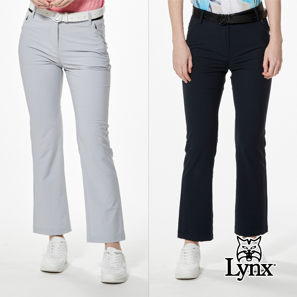 【Lynx Golf】後袋轉印LOGO織帶剪接靴型九分褲