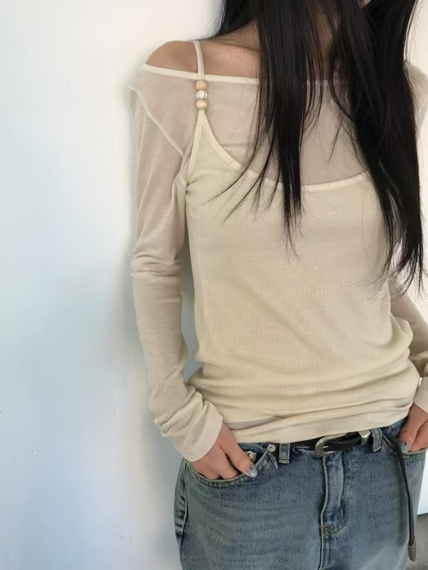 single-shoulder wooden beaded sheer two-piece top