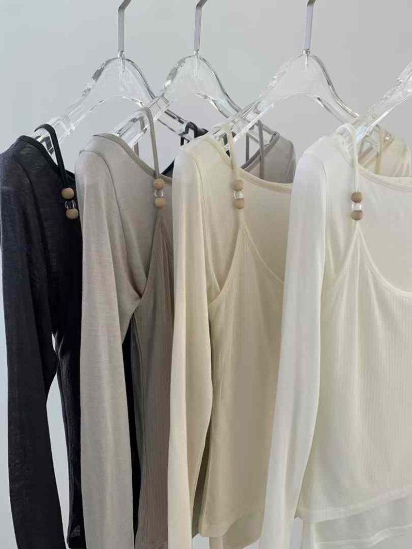 single-shoulder wooden beaded sheer two-piece top