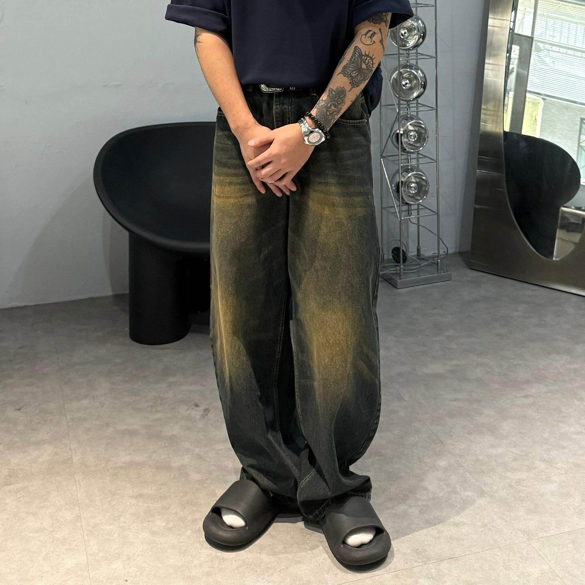 『RB』三色渲染彎刀牛仔長褲 牛仔褲搭 寬褲 百搭