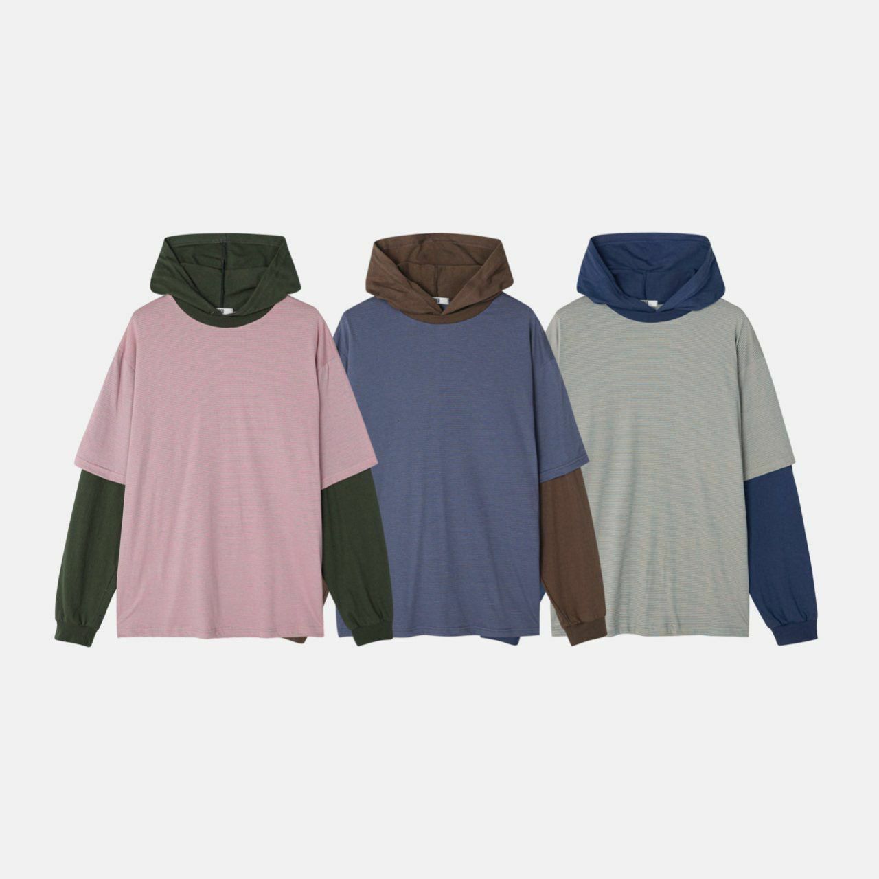 拼色假兩件連帽長袖衫 OREO-106T