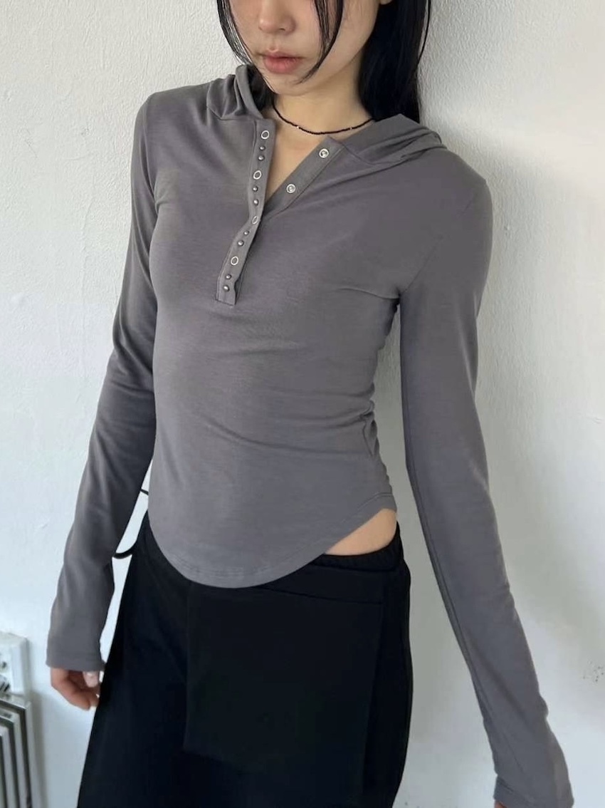 studded mix button waist hooded top