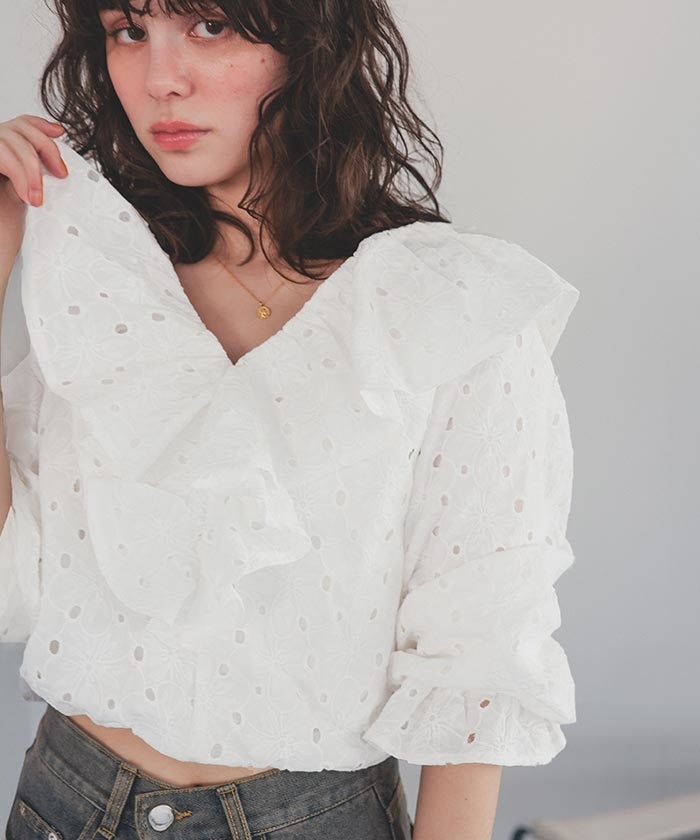 titivateコットンレースフリルブラウス白M（AFXP4236）