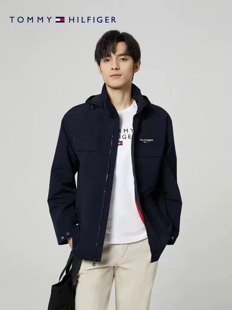 Tommy 黑色有帽 拉鏈風褸