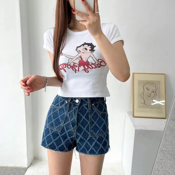 770牛仔菱格紋短褲