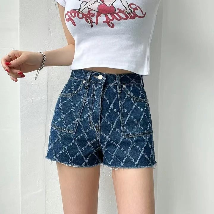 770牛仔菱格紋短褲