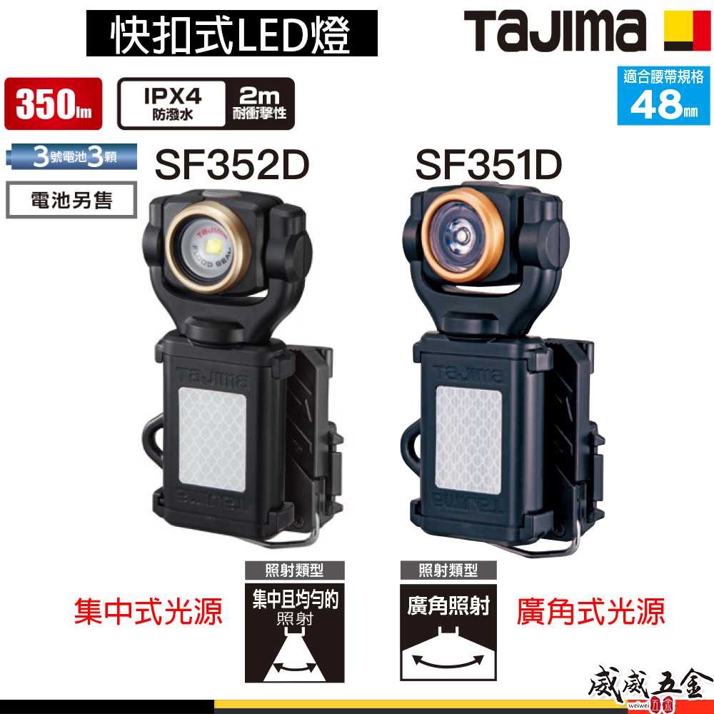 日本 TAJIMA 田島｜快扣式LED燈 350流明照明燈 工作手電筒 背帶掛燈照射燈｜LE-SF351D｜LE-SF352D