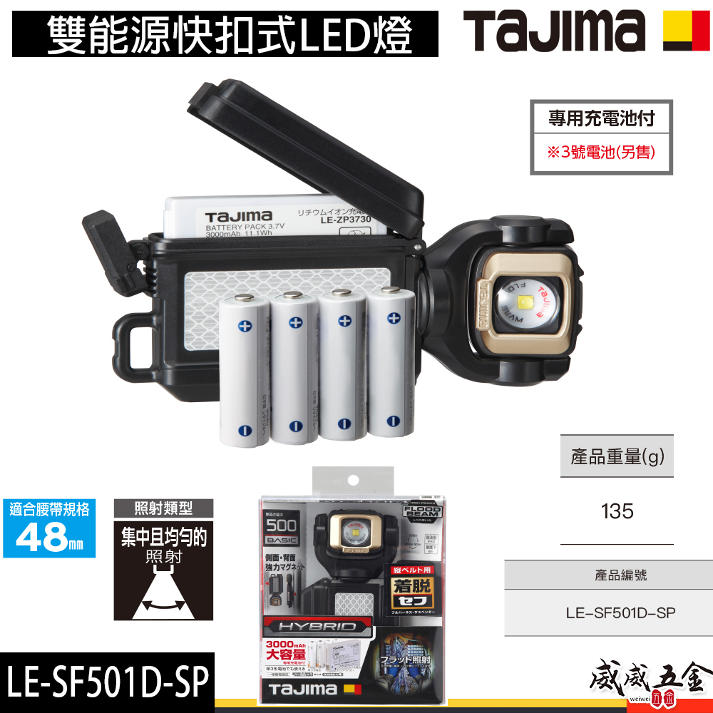 日本 TAJIMA 田島｜雙能源快扣式LED燈 可調整角度手電筒 背帶掛燈 照射燈 充電工作燈｜LE-SF501D-SP