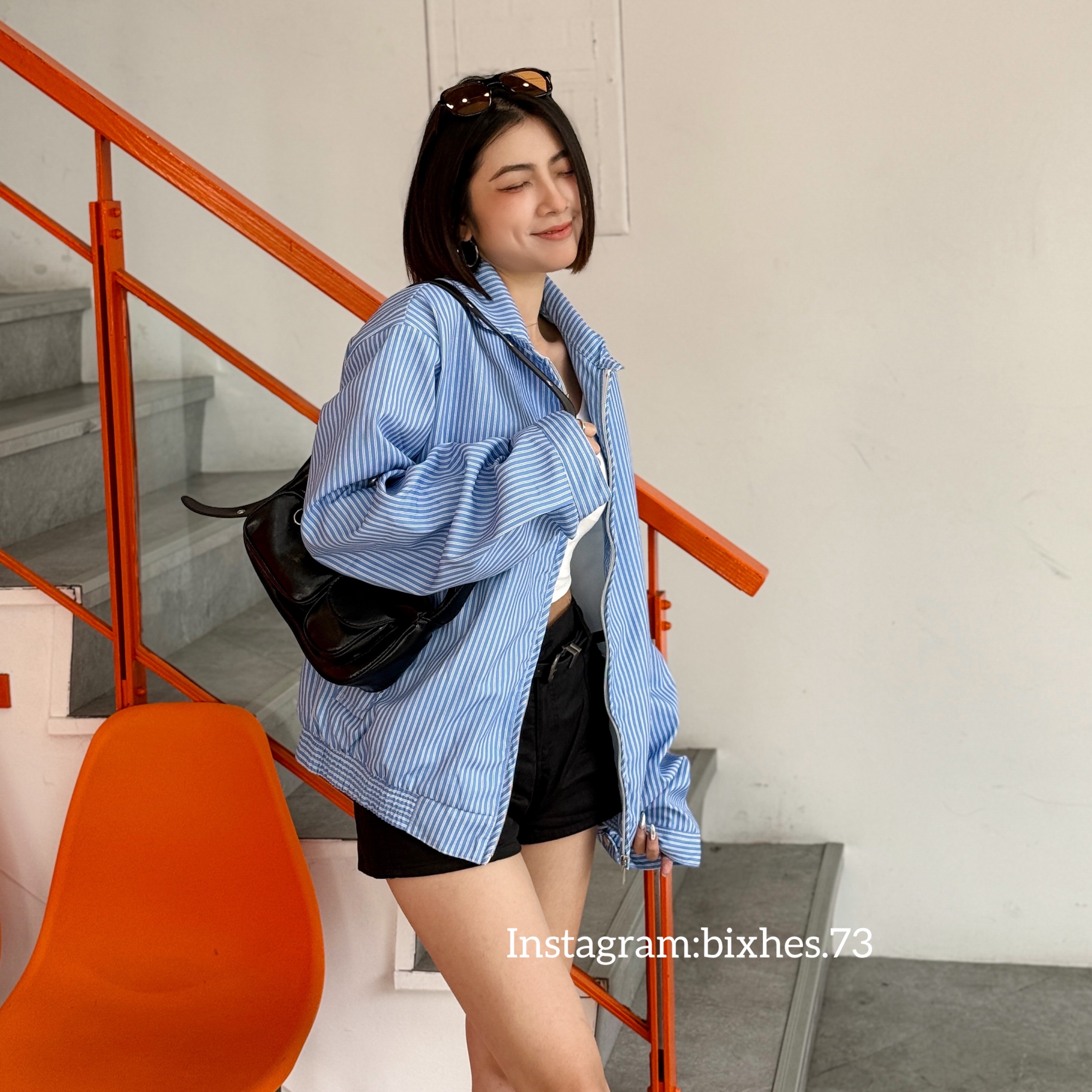 藍條紋拉鍊抽繩夾克外套(F00060)