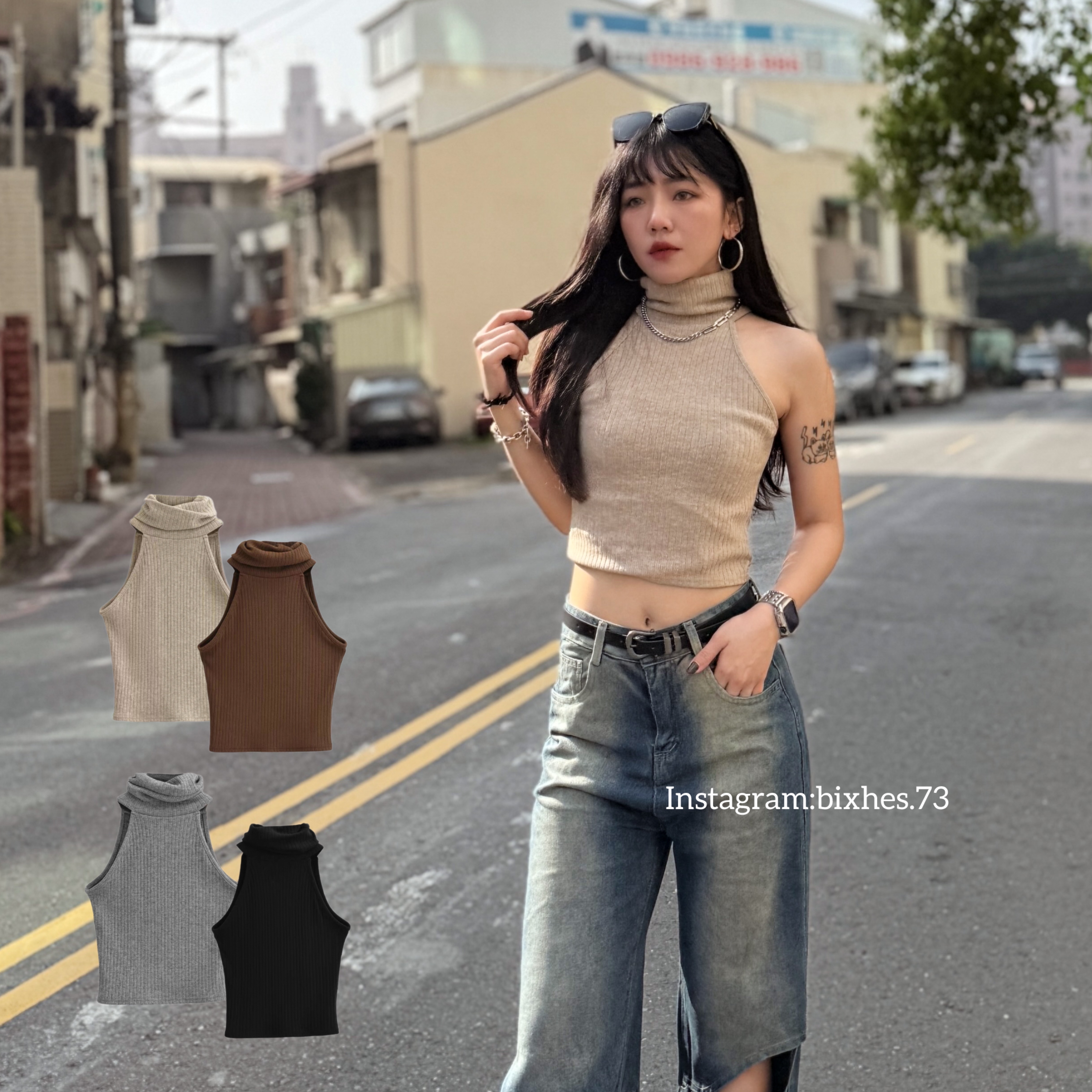 歐美堆堆領坑條背心(C00079)