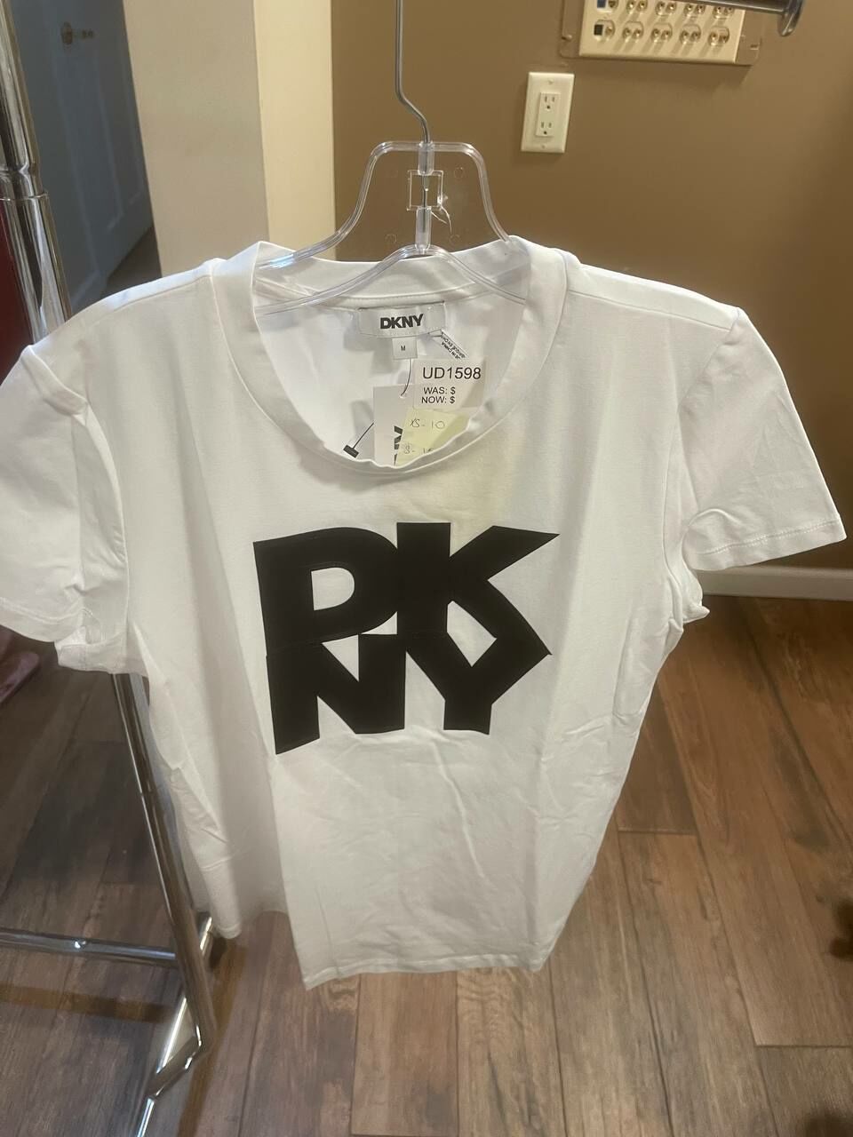 [U] DKNY WHITE/BLACK WOMENS S/S MESH OVERLAY LOGO TSHIRT, P5AHSWNA-KFG (UD1598)