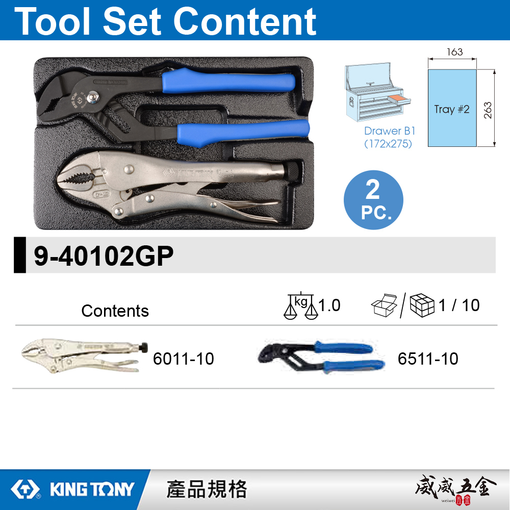 KING TONY 金統立｜9-40102GP｜2件式 鉗子工具箱組套 水管鉗 萬能鉗 夾鉗 固定鉗｜台灣製
