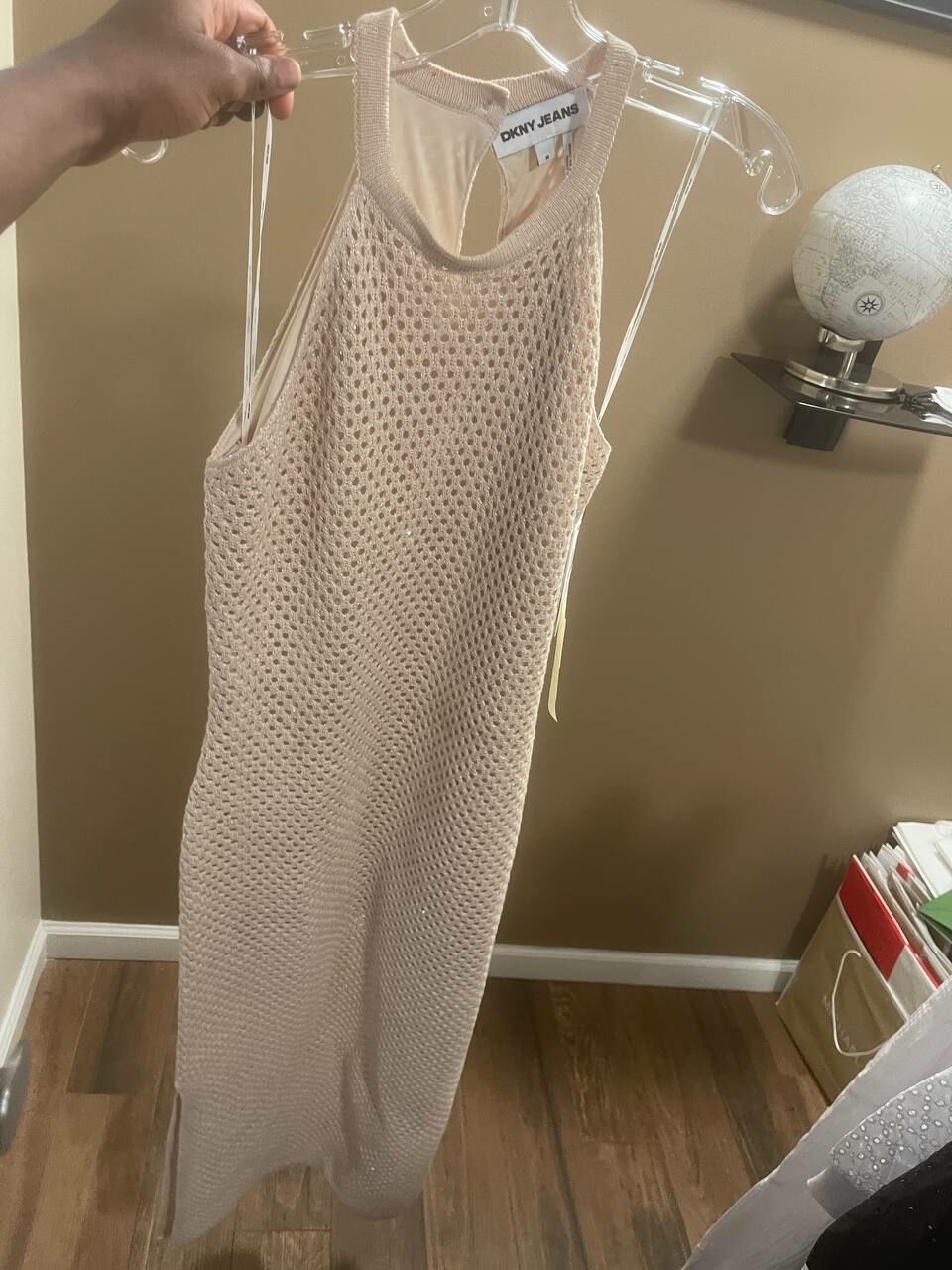 [U] DKNY LIGHT CITY KHAKI/SILVER HALTER NECK OPEN STITCH MIDI DRESS WITH SEQUINS, DJ5R0627-KXZ (UD1605)