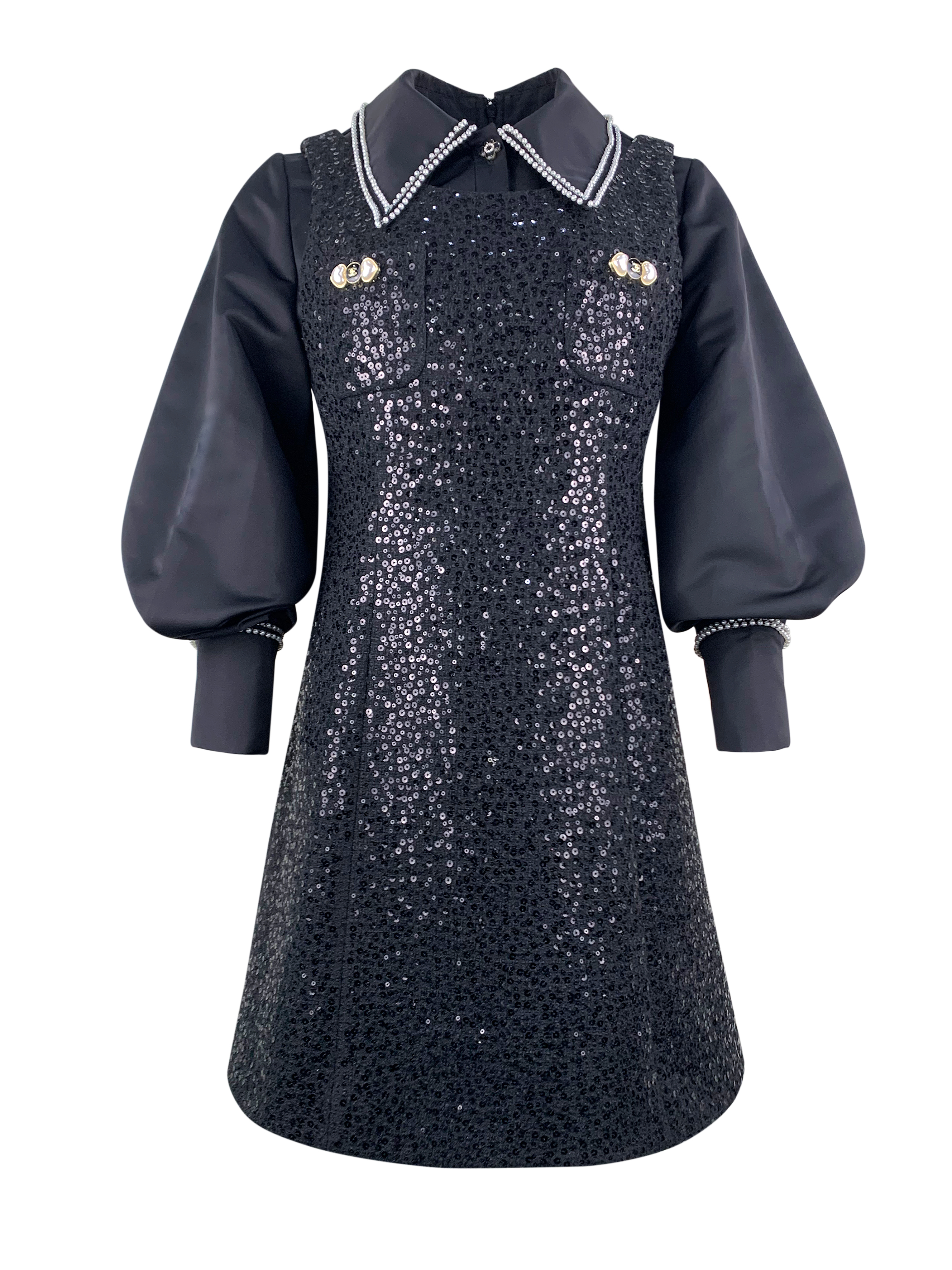 BB1AA831E1 暗夜珠光黑鑽亮片澎袖拼接洋裝 (官網限定)