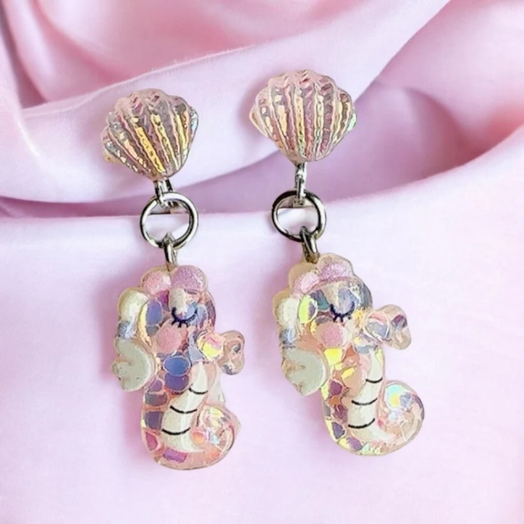 粉海馬兒童耳環-耳夾