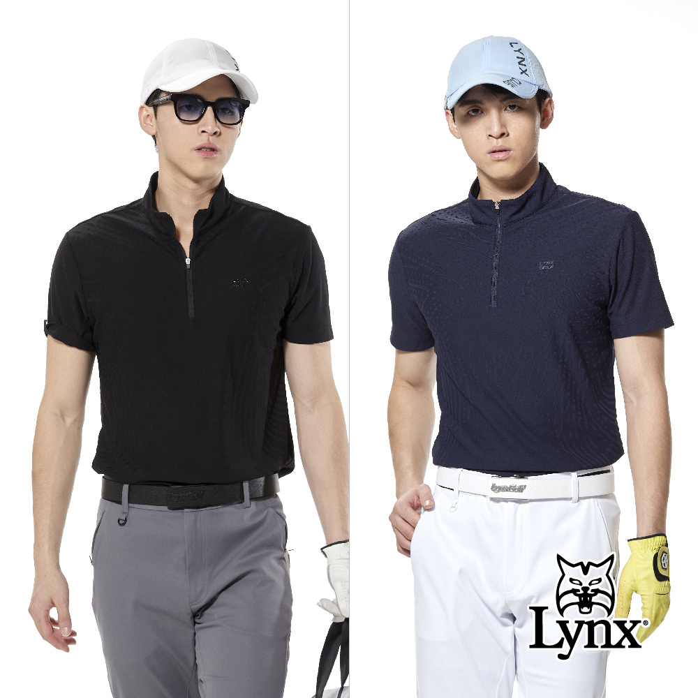 首爾高桿風格！合身版緹花造型山貓膠標立領POLO衫/高爾夫球衫