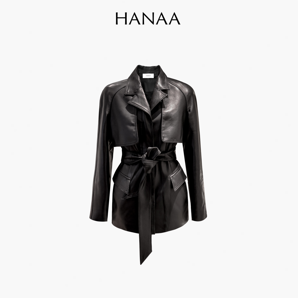 HANAA 新款英國進口高奢羊皮綁帶修腰真皮皮衣外套