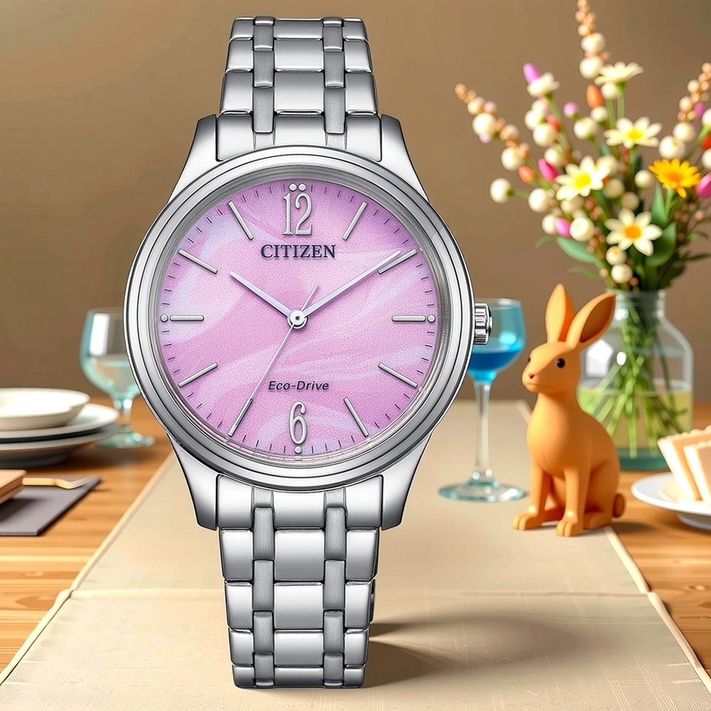 萬年鐘錶 - Citizen 星辰錶  光動能粉紅流沙氣質款簡約女錶  EM0411-71X  錶徑 34MM