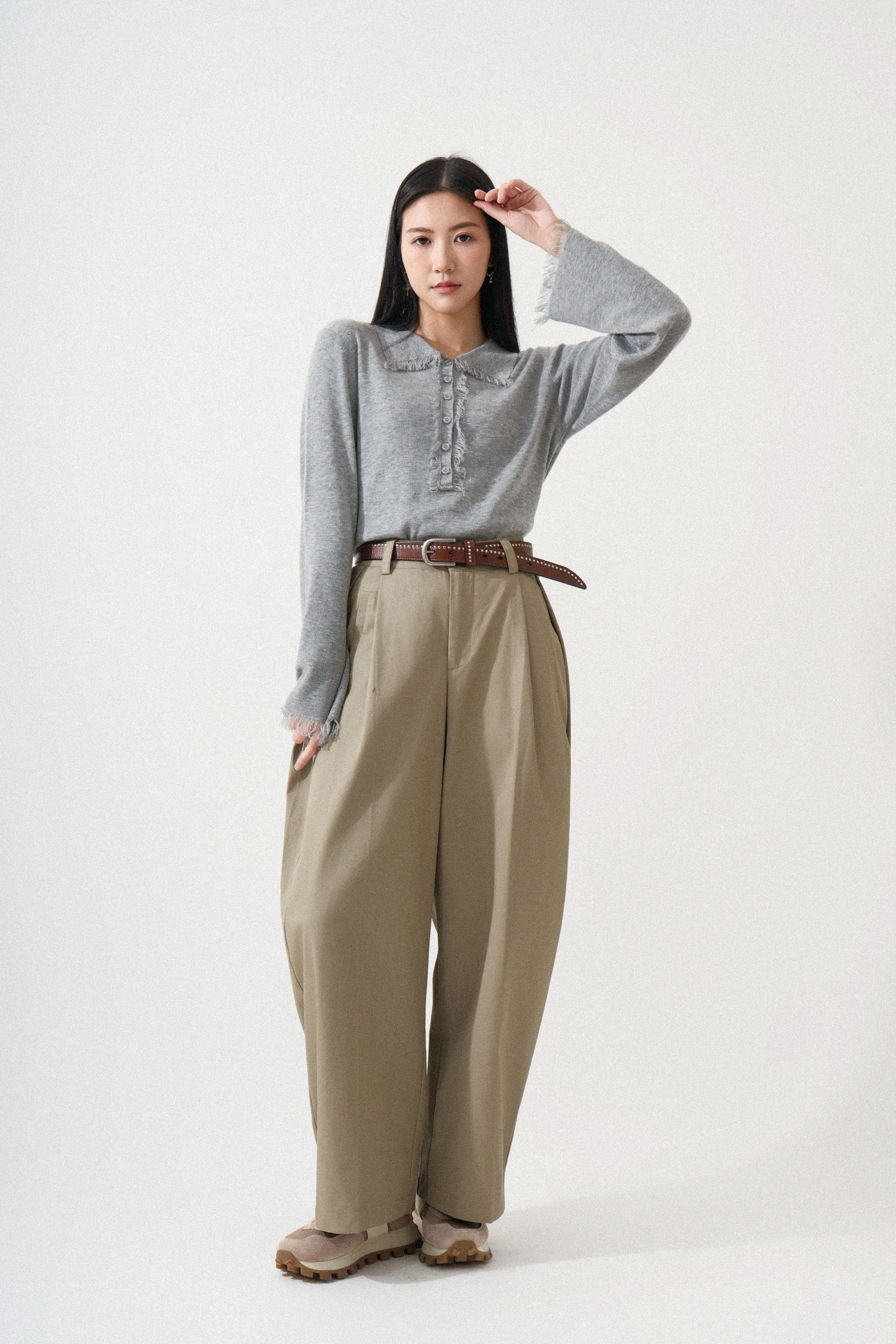 內外雙褶闊斜褲 (*現貨款式）