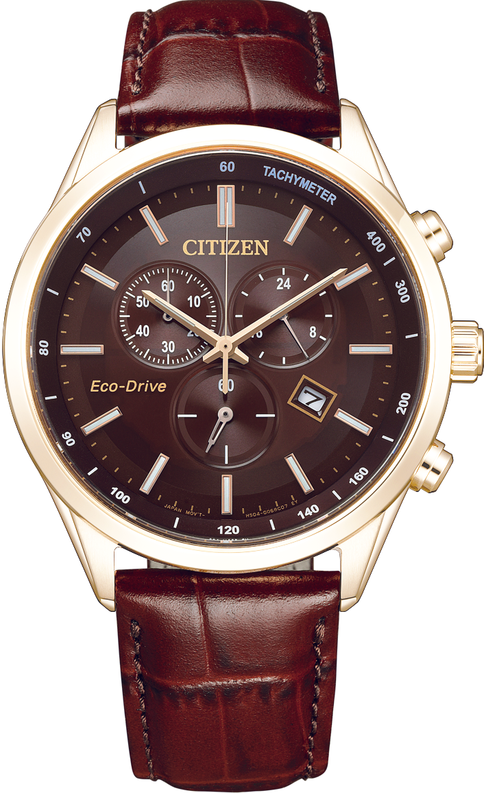 萬年鐘錶 - Citizen 星辰錶   亞洲限定玫瑰金框咖啡面盤三眼光動能皮革錶帶男錶 AT2573-07X  錶徑42MM