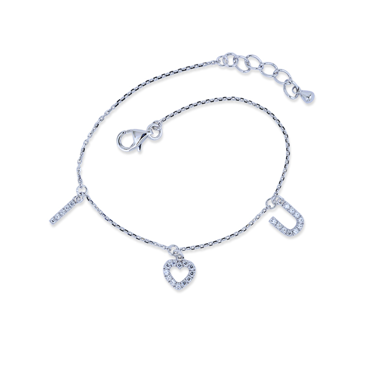 925純銀「I LOVE U」晶鑽手鍊(17公分+2公分延長鍊)-SDL0016