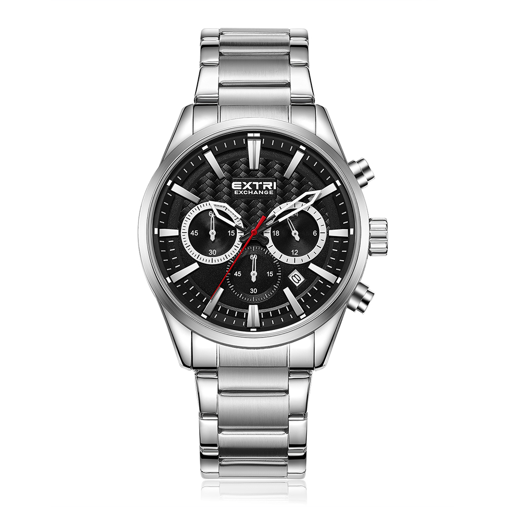 【EXTRI】X6104 商務 三眼 計時 日期顯示 不鏽鋼 手錶