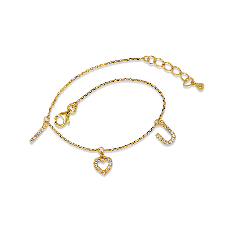 925純銀「I LOVE U」14K金色晶鑽手鍊 (17公分+2公分延長鍊)-SDL0017