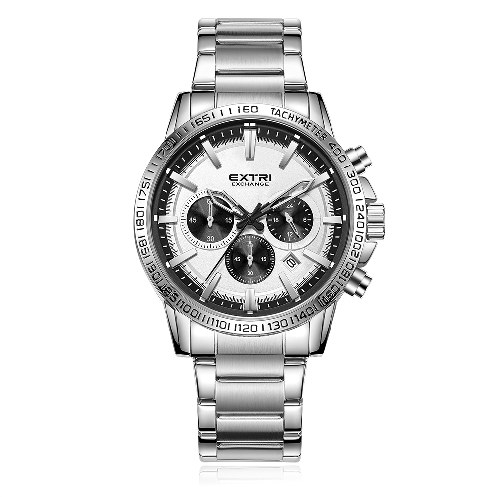 【EXTRI】X6102 商務 三眼 計時 日期顯示 不鏽鋼 男款 手錶