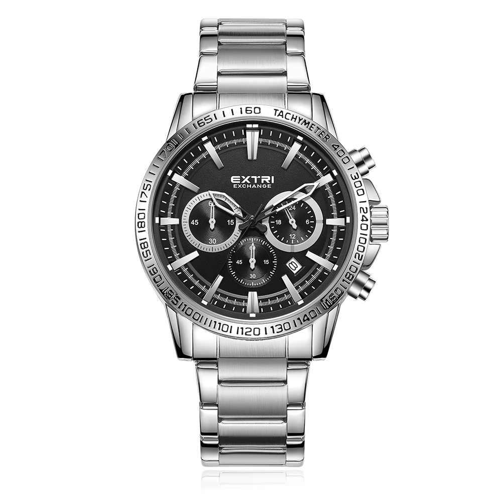 【EXTRI】X6102 商務 三眼 計時 日期顯示 不鏽鋼 男款 手錶
