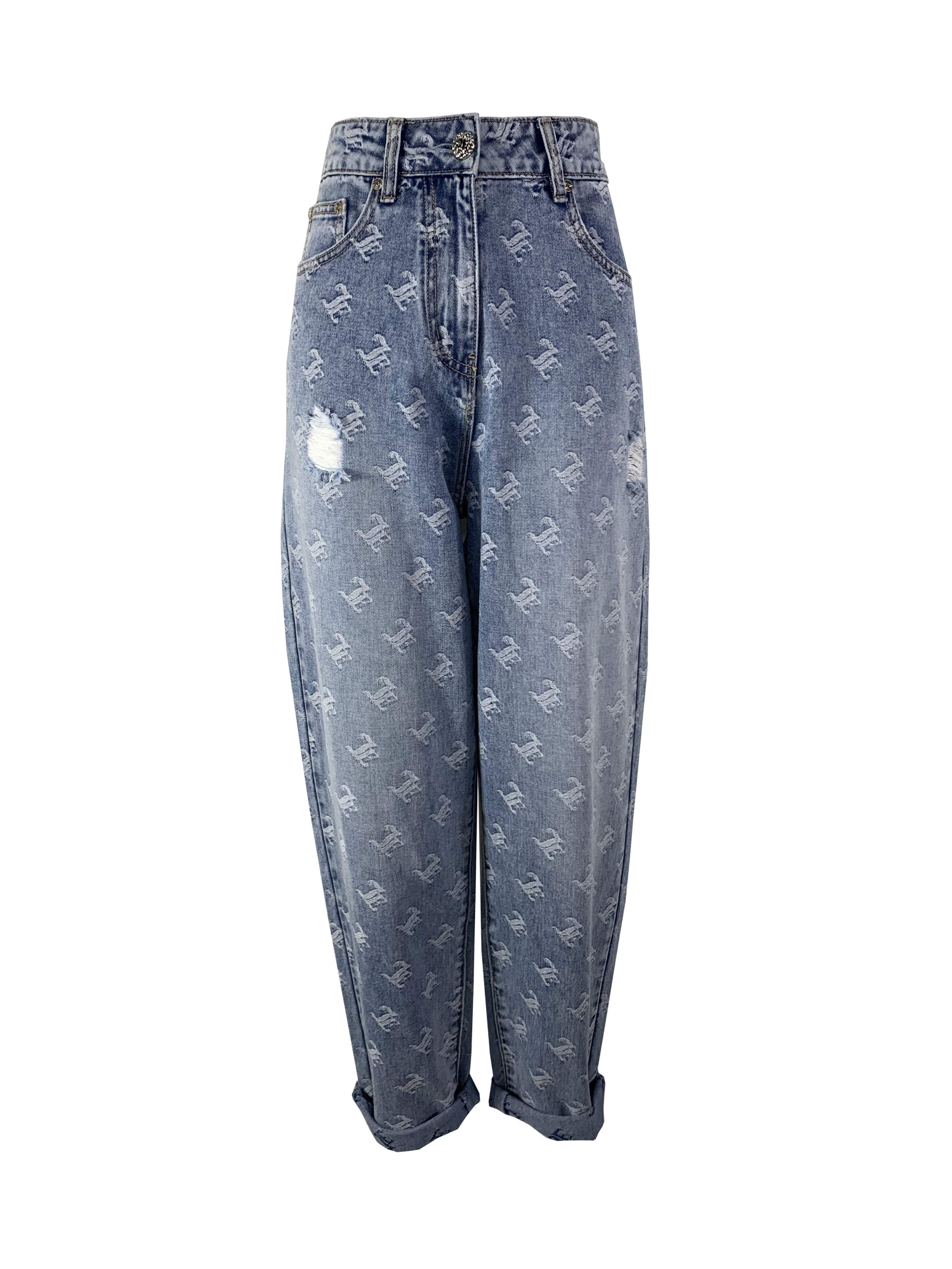 BB1EC313B1 日常畫布圖紋丹寧高腰直筒褲