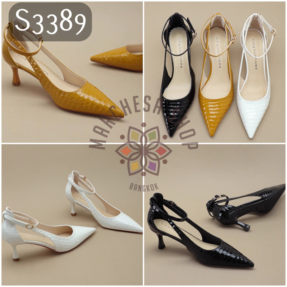 S3389 - 羊漆皮鱷魚紋一字扣鏤空尖頭高踭鞋