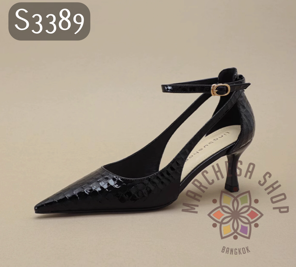 S3389 - 羊漆皮鱷魚紋一字扣鏤空尖頭高踭鞋