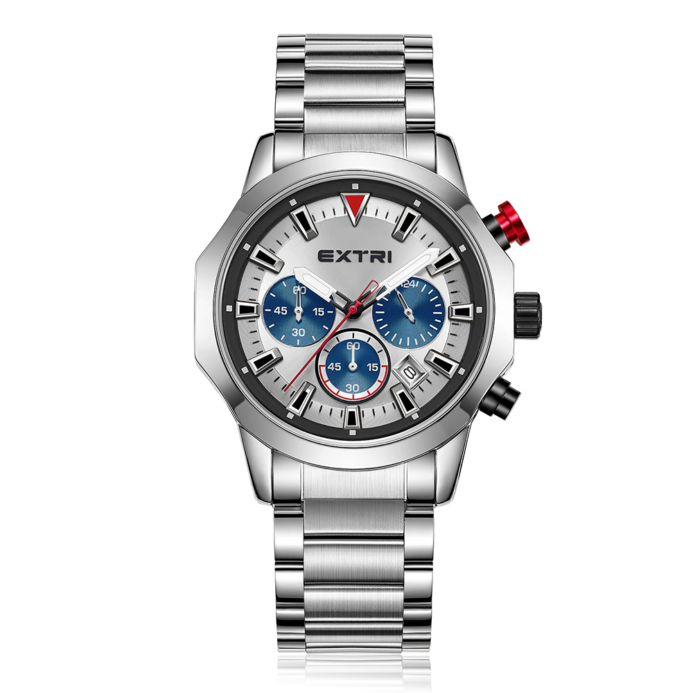 【EXTRI】X6099 潮流 三眼 計時 日期顯示 不鏽鋼 男款 手錶