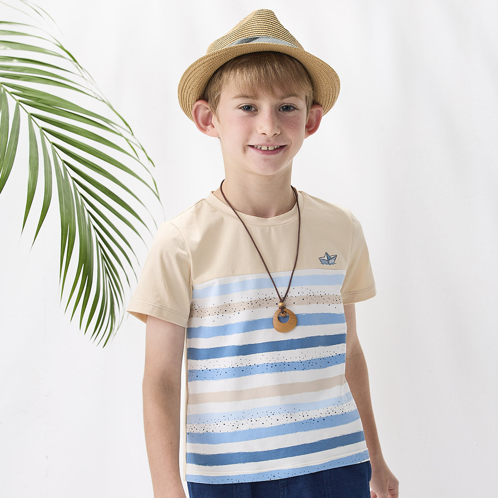 <5折> PIPPY圓領剪接橫條紋短袖上衣 卡其