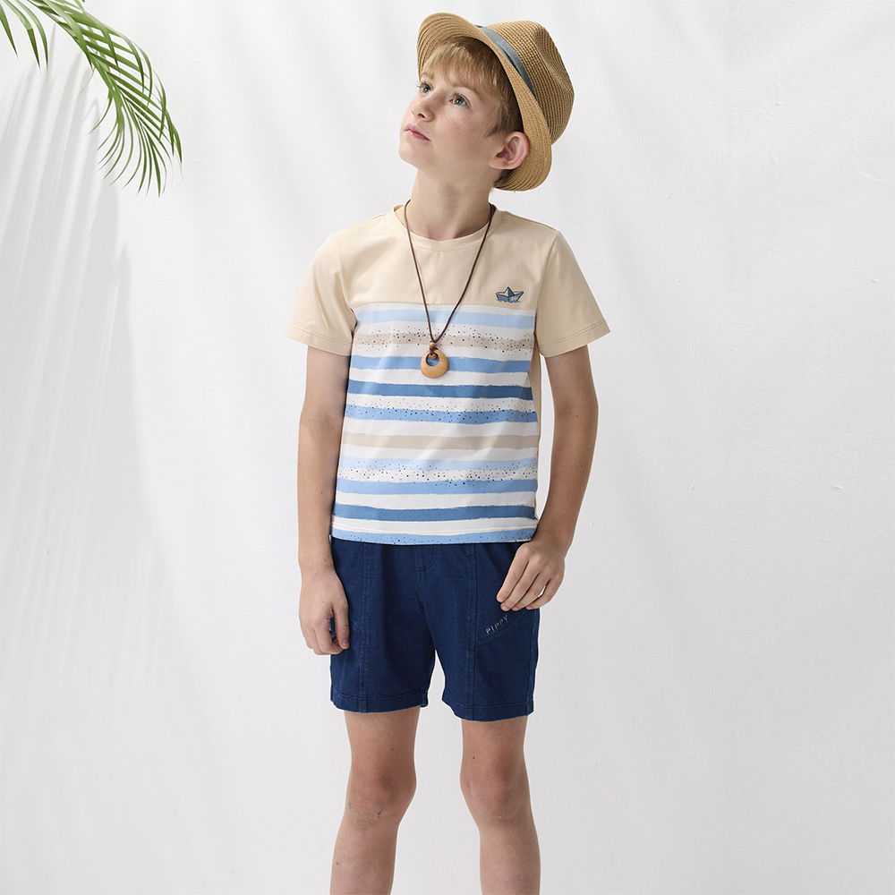 <5折> PIPPY圓領剪接橫條紋短袖上衣 卡其