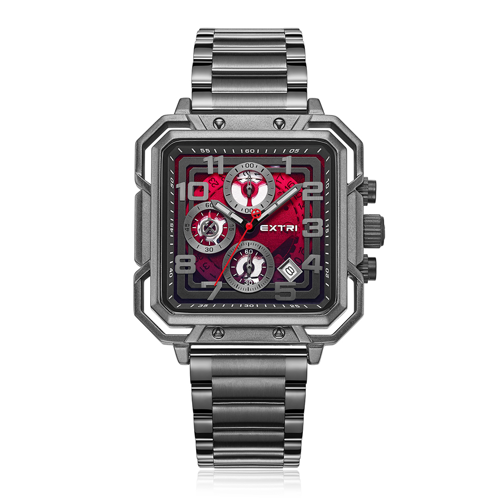 【EXTRI】X6098 潮流 方形 三眼 計時 日期顯示 不鏽鋼 男款 手錶