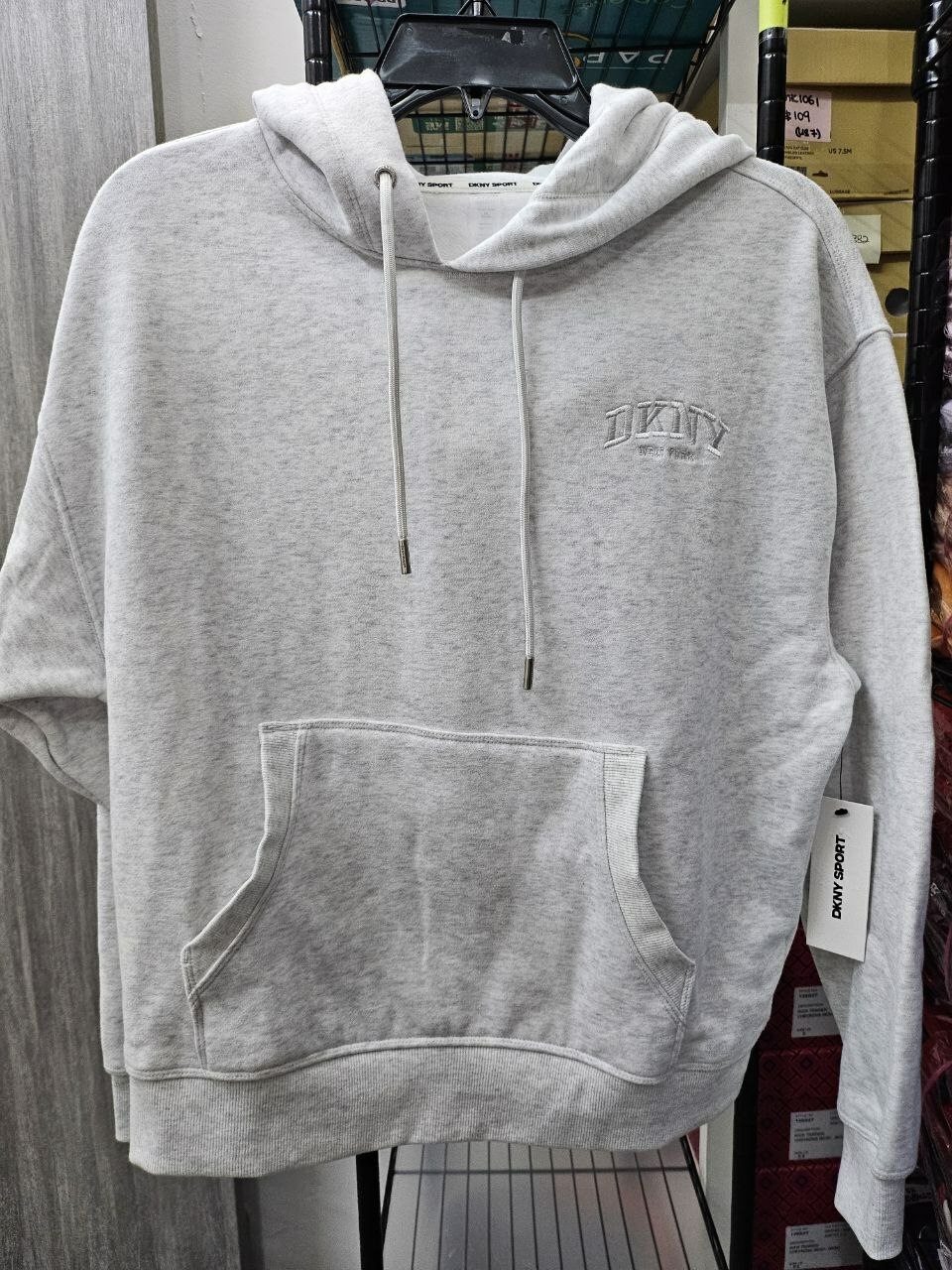 [S] DKNY OPTIC WHITE SPORTS VARSITY EMBROIDERED LOGO HOODIE, DP4T1097-OPTIC HTHR (SD1236)