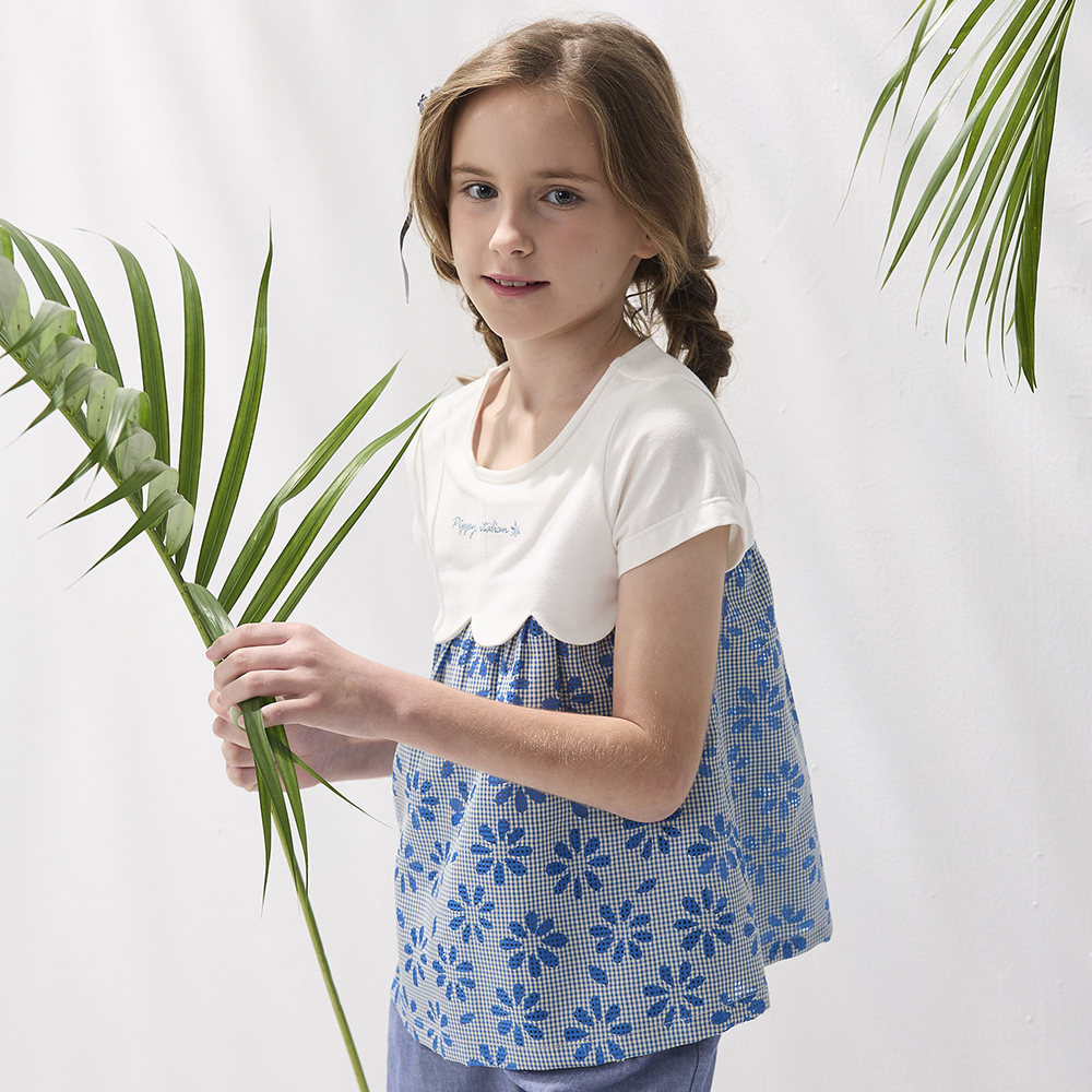 PIPPY碧海藍天小花繡花短袖上衣 藍