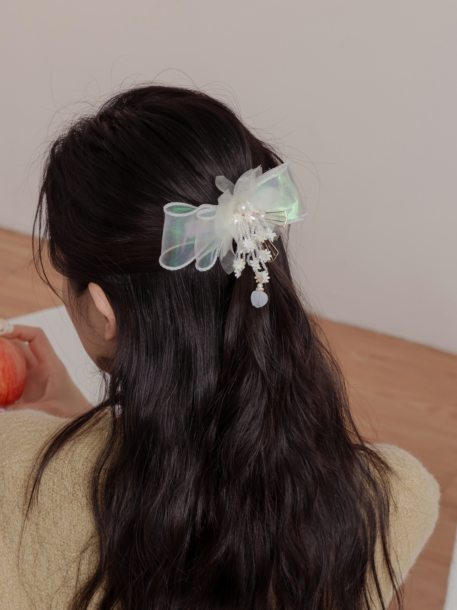 莉莉預知夢。MUCHAT手作14KGP透紗珠花蝶結髮夾/彈夾