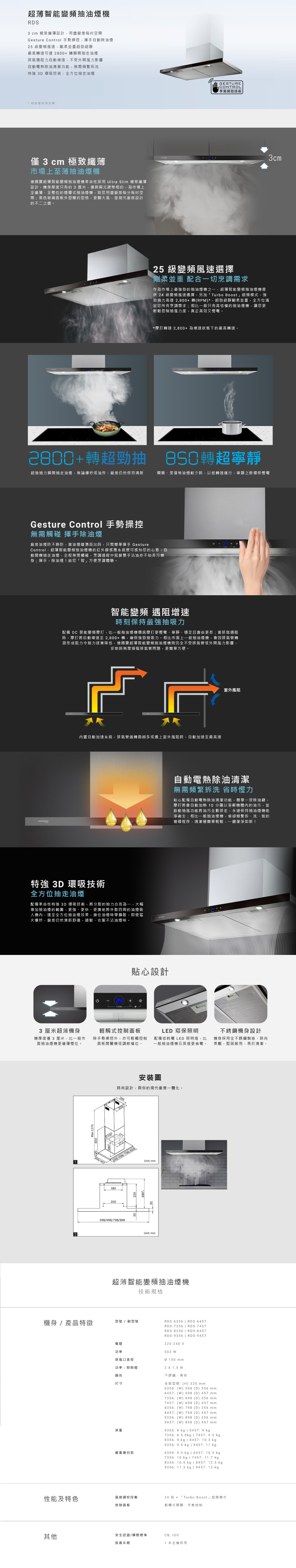超薄智能變頻抽油煙機, 3 cm 極致纖薄, Gesture Control 手勢操控, 25 級變頻風速, 最高轉速可達 2800+, 排氣遇阻力自動增速, 自動電熱除油清潔