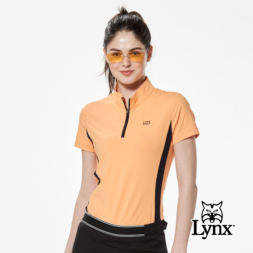 首爾高桿風格！合身版剪接洞洞沖孔布脇邊配色立領POLO衫/高爾夫球衫