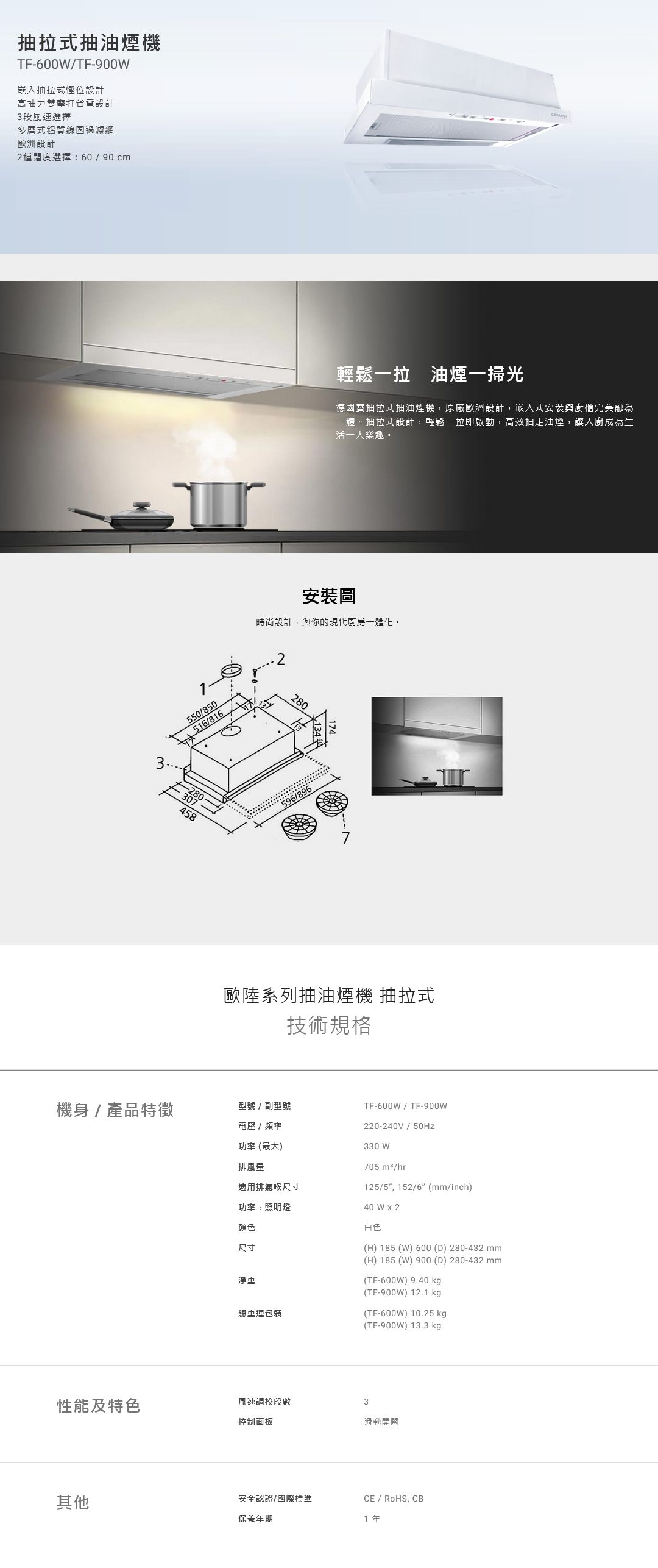 抽拉式抽油煙機, 嵌入抽拉式慳位設計, 高抽力雙摩打省電設計, 3段風速選擇, 多層式鋁質線圈過濾網, 歐洲設計, 2種闊度選擇